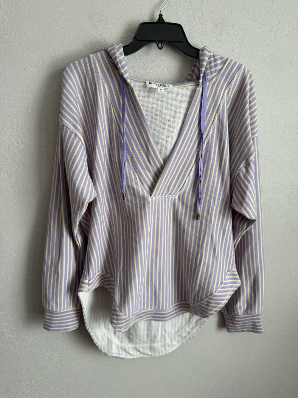 Bucket List Yellow Lilac Striped V-Neck Oversize Sweatshirt Hoodie Women M Beach